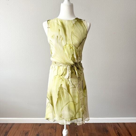 Santorelli Nadia Lime Lily Pad Print Chiffon Knee Length Dress Women’s Size 40 - Picture 2 of 16